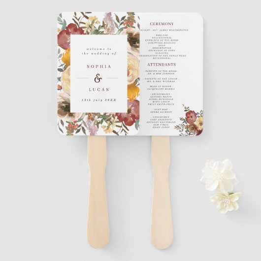 Najaars programma Blooms Burgundy & Oranje huwelij Handwaaier (Voorkant en achterkant)