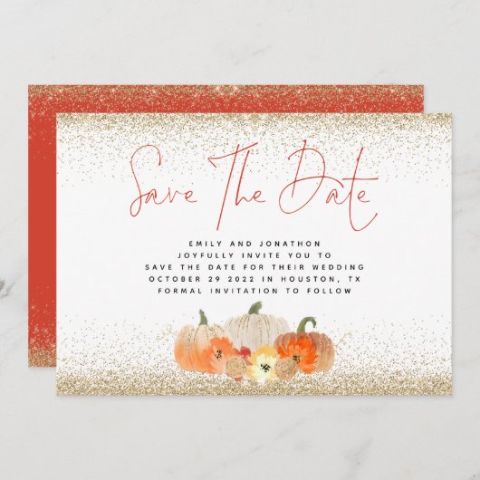Najaars Pumpkins Gold Glitter QR Code Weddenschap Save The Date (Voorkant / Achterkant)