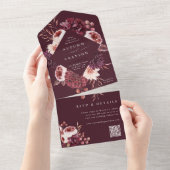 Najaars Romance Burgundy Floral Wedding QR Code All In One Uitnodiging (Afscheurbaar)