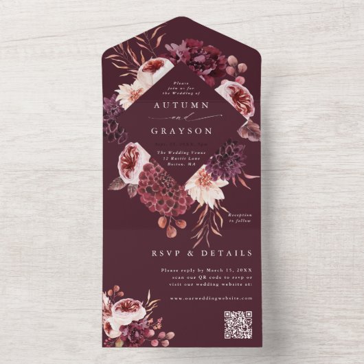 Najaars Romance Burgundy Floral Wedding QR Code All In One Uitnodiging (Binnen)