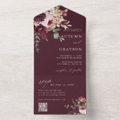 Najaars Romance Burgundy Floral Wedding QR Code All In One Uitnodiging (Binnen)