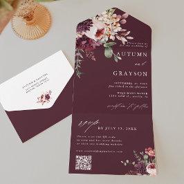Najaars Romance Burgundy Floral Wedding QR Code All In One Uitnodiging