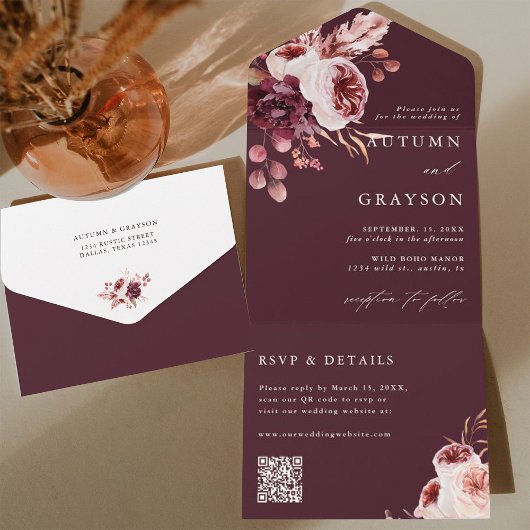 Najaars Romance Burgundy Floral Wedding QR Code All In One Uitnodiging