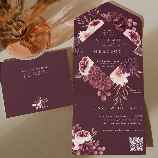 Najaars Romance Burgundy Floral Wedding QR Code All In One Uitnodiging