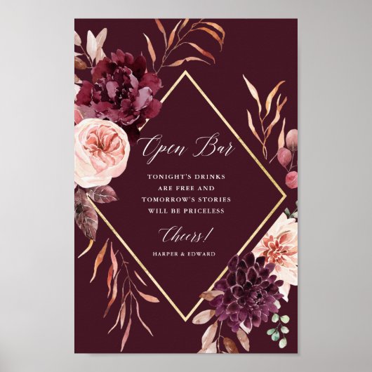 Najaars Romance Gold Lijst Floral Wedding Open Bar Poster (Voorkant)