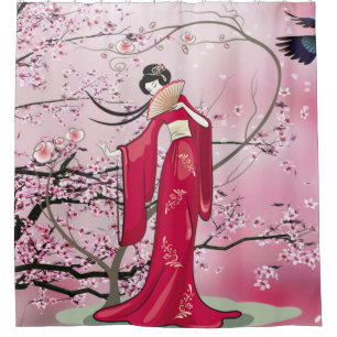Najaars seizoen Japanse dame in Kimono Douchegordijn
