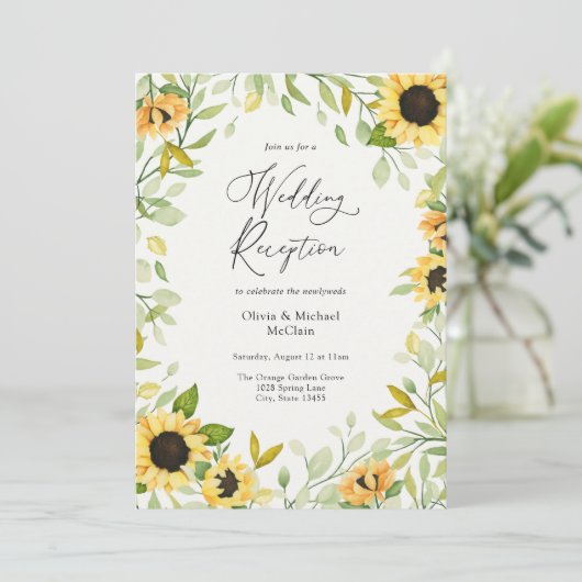 Najaars Zonnebloem en Greenery Wedding Reception Kaart (Staand voorkant)