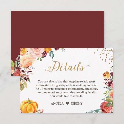 Najaarsbijeenkomst van Floral Pumpkin Gold Wedding Informatiekaartje (Voorkant / Achterkant)