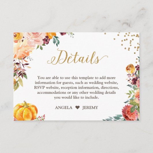 Najaarsbijeenkomst van Floral Pumpkin Gold Wedding Informatiekaartje (Voorkant)