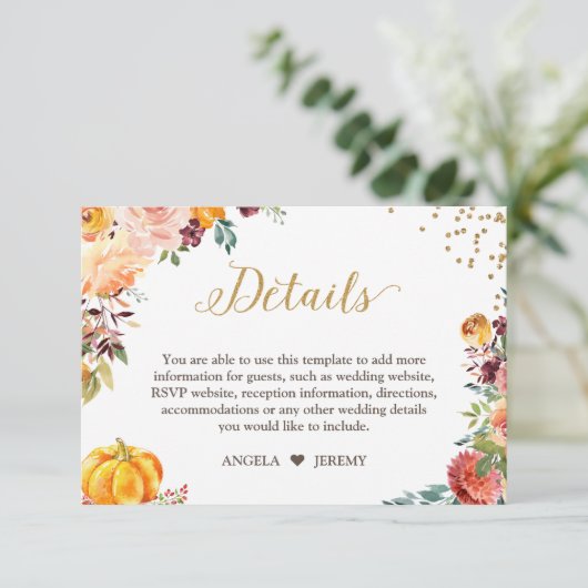 Najaarsbijeenkomst van Floral Pumpkin Gold Wedding Informatiekaartje (Staand voorkant)