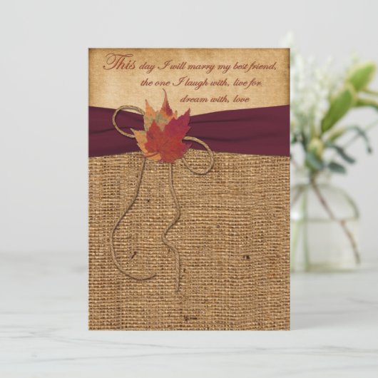 Najaarsbladeren, FAUX Burlap Wedding Invite 2 - Wi Kaart (Staand voorkant)
