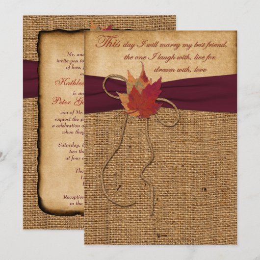 Najaarsbladeren, FAUX Burlap Wedding Invite 2 - Wi Kaart (Voorkant / Achterkant)