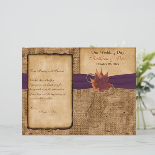 Najaarsbladeren, FAUX Burlap Wedding Program (Staand voorkant)