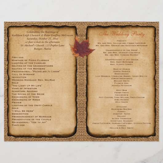 Najaarsbladeren, FAUX Burlap Wedding Program (Achterkant)