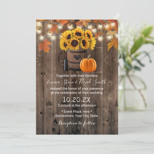 Najaarsbloem en pompoen Rustic Fall Wedding Kaart (Staand voorkant)