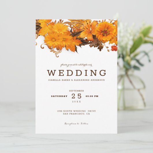 Najaarsbloemen bruiloft kaart (Staand voorkant)