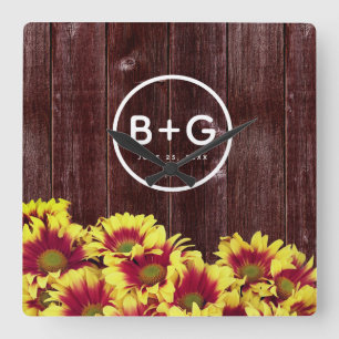 Najaarsbloemen op Wooden Fence Wedding Vierkante Klok