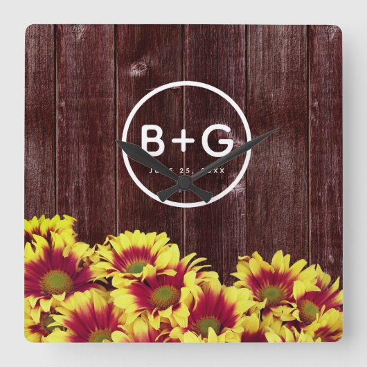 Najaarsbloemen op Wooden Fence Wedding Vierkante Klok (Voorkant)