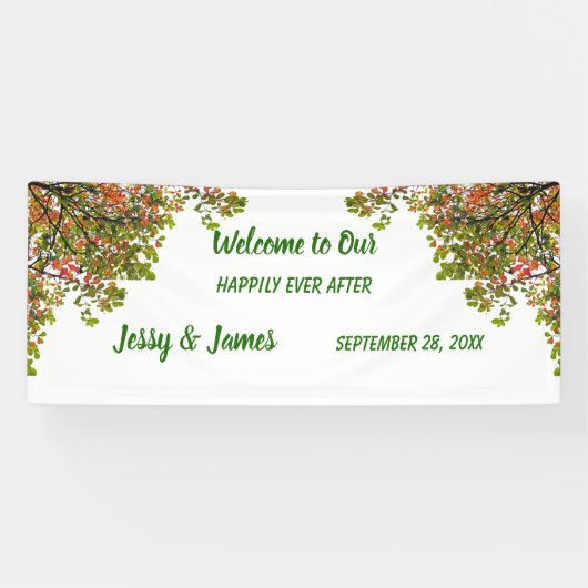 Najaarsdag Herfst Foliage Green Leaves Wedding Par Spandoek (Horizontaal)