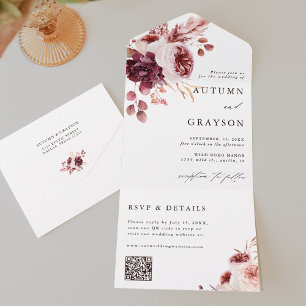 Najaarsdag Romance Waterverf Floral Wedding QR Cod All In One Uitnodiging