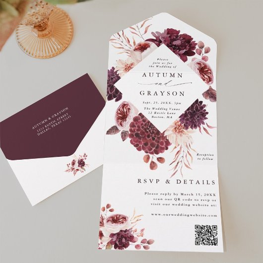 Najaarsdag Romance Waterverf Floral Wedding QR Cod All In One Uitnodiging