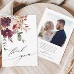 Najaarsfoto Romance Elegant Floral Wedding Foto Bedankkaart<br><div class="desc">Deze bruiloft bedankt je kaart heeft een waterverf bloem van dahlia, tuinlijk roos, en hydrangea in bogundy red, maroon, wazig roze over de herfstbladeren met een foto op de achterkant. Voor meer geavanceerde aanpassing van dit ontwerp, te klikken gelieve de BUTTON van het TOOL VAN HET ONTWERP BLAUW. Overeenkomende objecten...</div>