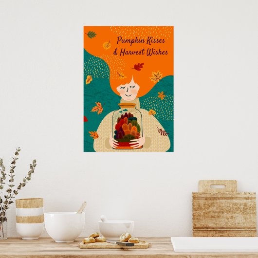 Najaarsmeisje met boom in Jar, personaliseer je Poster (Keuken)