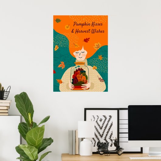 Najaarsmeisje met boom in Jar, personaliseer je Poster (Thuiskantoor)