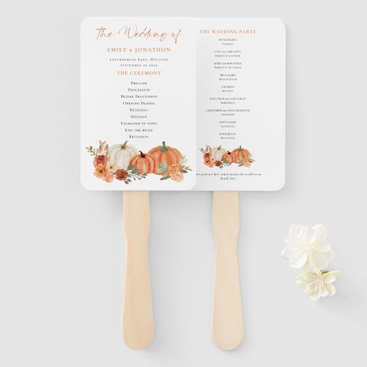 Najaarsprogramma Pumpkins Florals Wedding Programm Handwaaier (Voorkant en achterkant)
