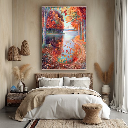 Najaarsrivierscène in pointillistische stijl poster