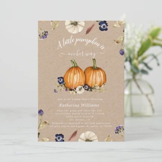 najaarstonen pompoen baby shower uitnodiging (Staand voorkant)