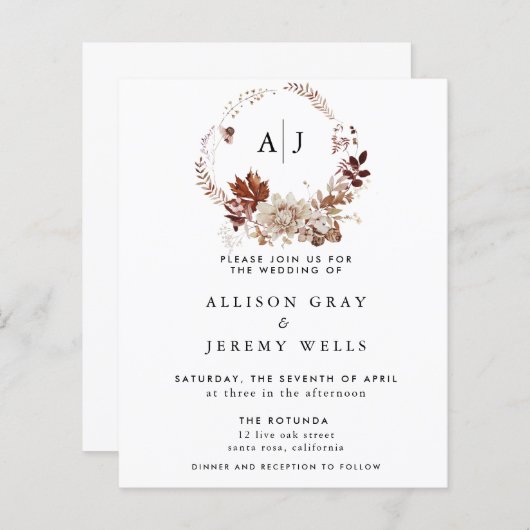 Najaarsuitnodiging op monogram huwelijk (Voorkant / Achterkant)