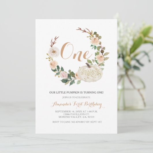 Najaarsuitnodiging van White Glitter Pumpkin Birth Kaart (Staand voorkant)