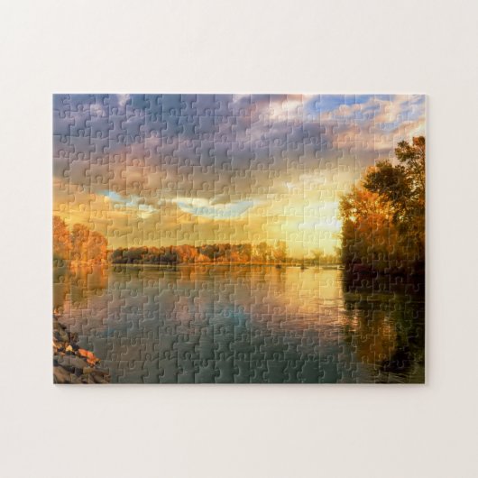 Najaarszonsondergang op de rivier. legpuzzel (Horizontaal)
