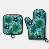 Nalani Hawaiian Tropical Garden Blauwgroen Groen Ovenwant & Pannenlap Set (Voorkant)