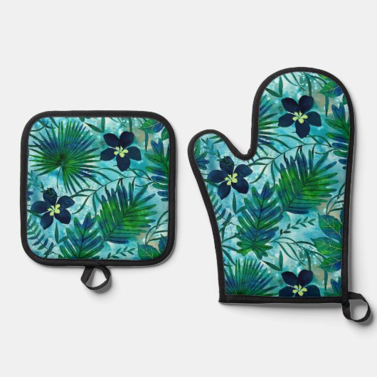 Nalani Hawaiian Tropical Garden Blauwgroen Groen Ovenwant & Pannenlap Set (Voorkant)