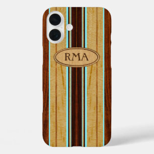 Nalu Hou Faux Koa Wood Monogram Surfboard iPhone 16 Plus Hoesje