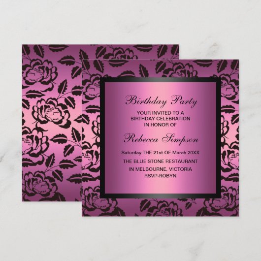 Nam de Roze & Zwarte Uitnodiging van de Verjaardag (Voorkant / Achterkant)
