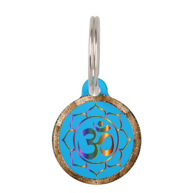 Namaste Aum (Om) & Lotus met Gold Bronze Border Huisdierpenning (Voorkant)