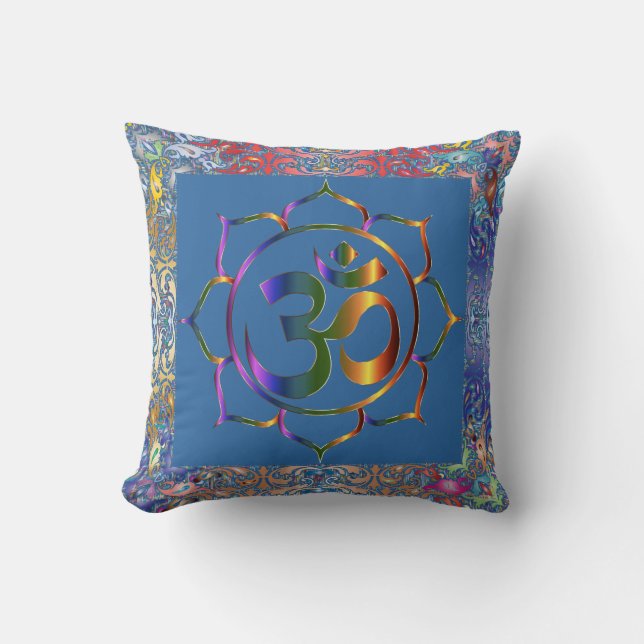 Namaste Aum Om & Lotus met  regenbooggrens Kussen (Voorkant)