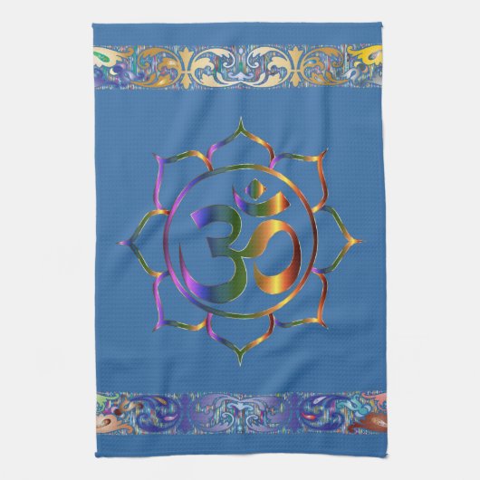 Namaste Aum Om Lotus met  regenbooggrens Theedoek (Verticaal)