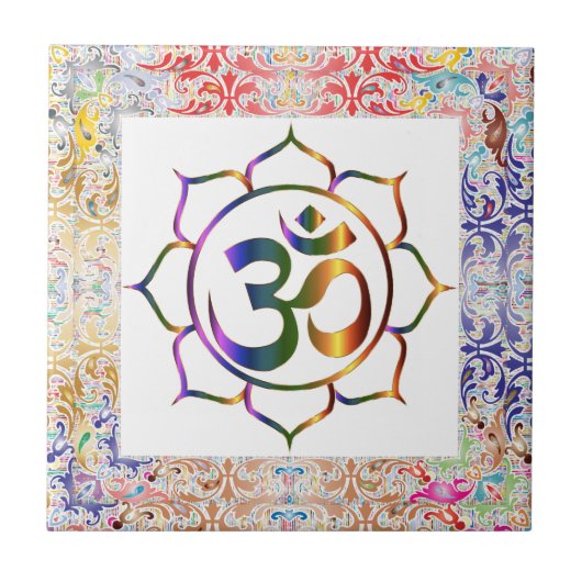 Namaste Aum Om & Lotus Rainbow Border op maat Tegeltje (Voorkant)