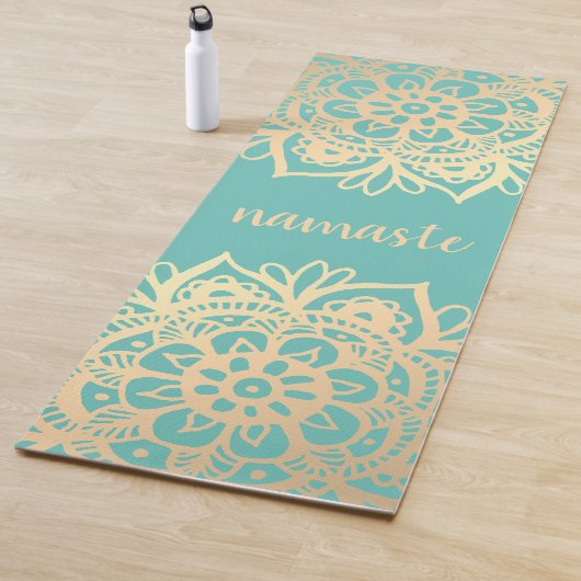 Namaste Blauwgroen Groen en Goud Mandala Bloemen Yogamat (In situ)