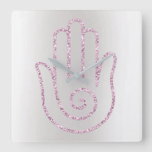 Namaste Groet Grijs Glitter Roze Hand Vierkante Klok