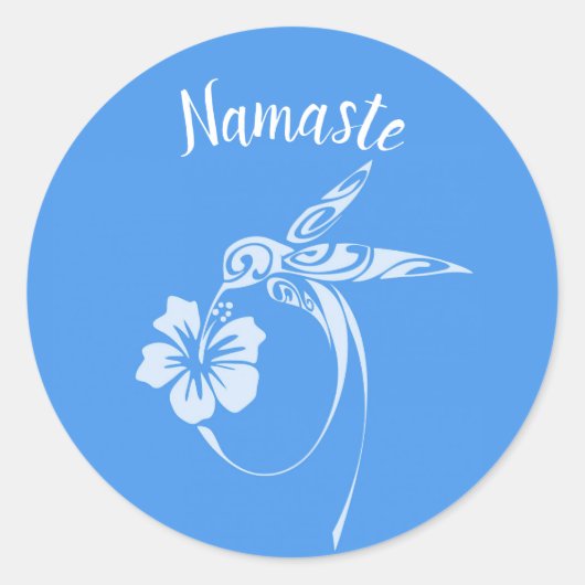 Namaste White Hummingbird op blauwe achtergrond Ronde Sticker (Voorkant)