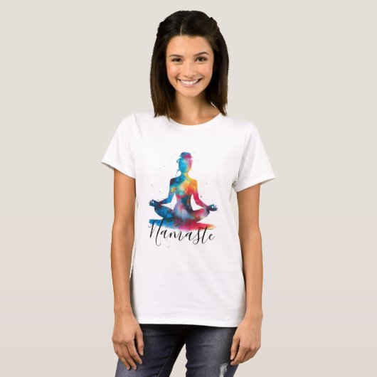 Namaste Yoga Silhouet | Kleurrijke meditatie T-shirt (Voorkant volledig)