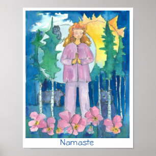 Namaste Yoga Wolf Owl Beer Wildlife Waterverf Poster