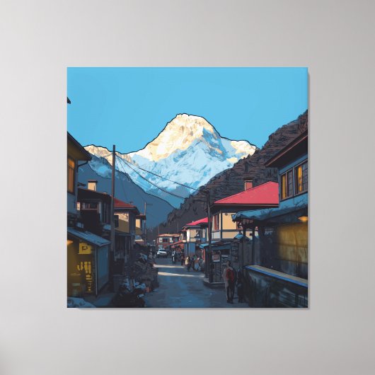Namche Bazaar Everest View Illustrated Art Canvas Afdruk (Voorkant)