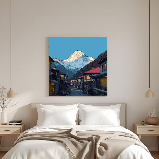 Namche Bazaar Everest View Illustrated Art Canvas Afdruk