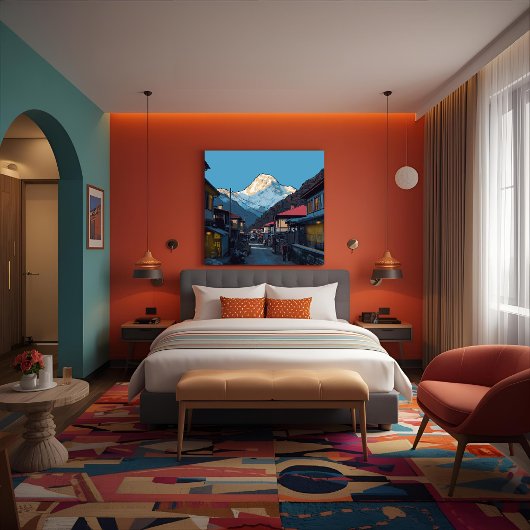 Namche Bazaar Everest View Illustrated Art Canvas Afdruk